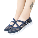 Blue lace Mary Jane shoes.