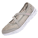 Gray lace-covered slip-on shoe.