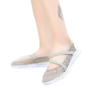 Gray mesh slip-on shoes.