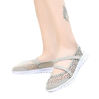 Gray mesh slip-on shoes.