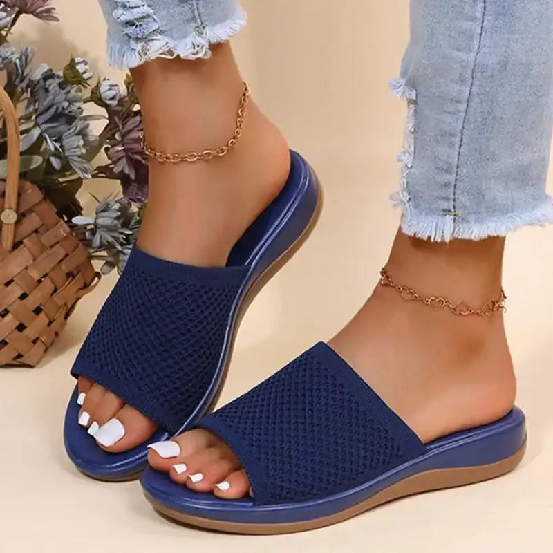 Comfy Blue Knit Summer Sandals for Ladies Soft Feet