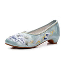 Veowalk Vintage Chinese Embroidery Women Cotton Satin Pointy Toe Slip On Low Heel Pumps Elegant Ladies Casual Walking