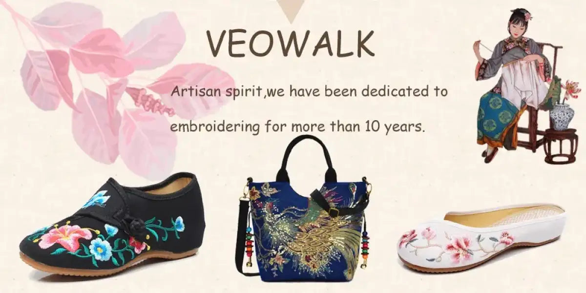 Veowalk Vintage Chinese Embroidery Women Cotton Satin Pointy Toe Slip On Low Heel Pumps Elegant Ladies Casual Walking