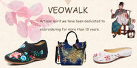 Veowalk Vintage Chinese Embroidery Women Cotton Satin Pointy Toe Slip On Low Heel Pumps Elegant Ladies Casual Walking