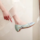 Veowalk Vintage Chinese Embroidery Women Cotton Satin Pointy Toe Slip On Low Heel Pumps Elegant Ladies Casual Walking
