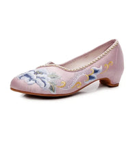 Veowalk Vintage Chinese Embroidery Women Cotton Satin Pointy Toe Slip On Low Heel Pumps Elegant Ladies Casual Walking