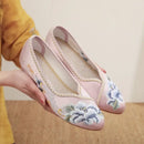 Veowalk Vintage Chinese Embroidery Women Cotton Satin Pointy Toe Slip On Low Heel Pumps Elegant Ladies Casual Walking