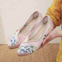 Veowalk Vintage Chinese Embroidery Women Cotton Satin Pointy Toe Slip On Low Heel Pumps Elegant Ladies Casual Walking