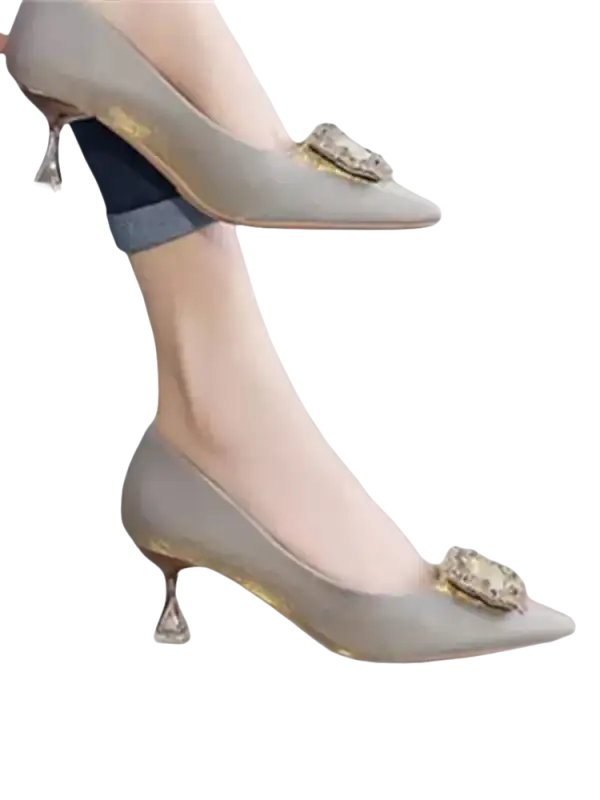 Gray high heels with jeweled embellishments.