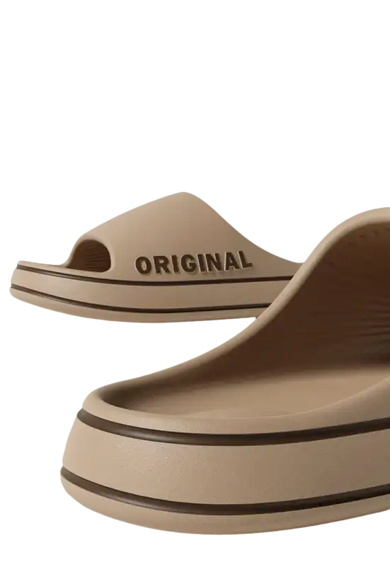 Beige platform slide sandals.