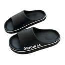 Black slide sandals with white trim.