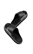 Black elastic slippers.