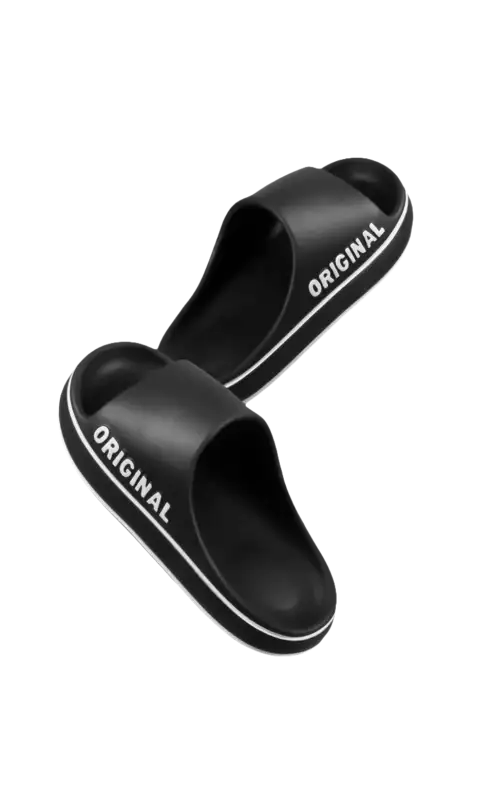 Black elastic slippers.