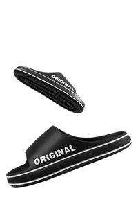 Black non-slip slide sandals.