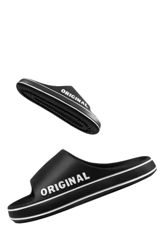 Black non-slip slide sandals.