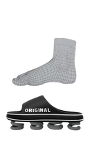 Black slide sandal with springy sole.