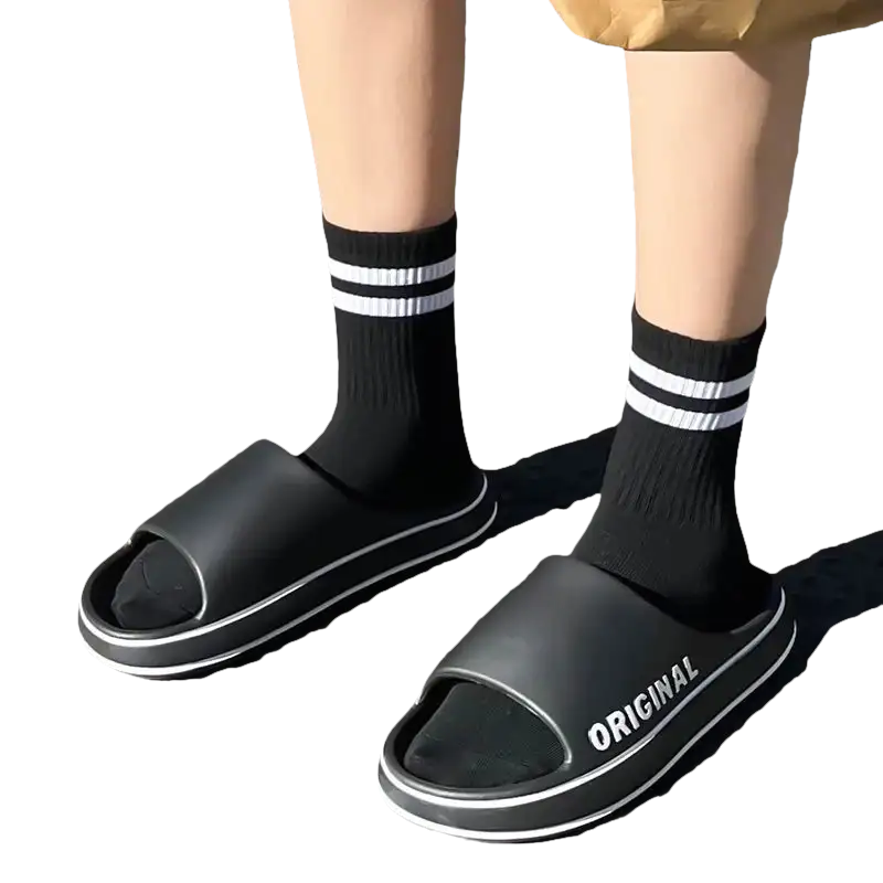 Black slides with white trim.