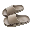Beige slide sandals.