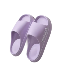 Lavender-colored slide sandals.