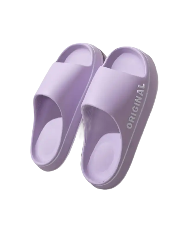 Lavender-colored slide sandals.
