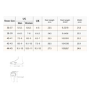 Shoe size chart with conversion information.
