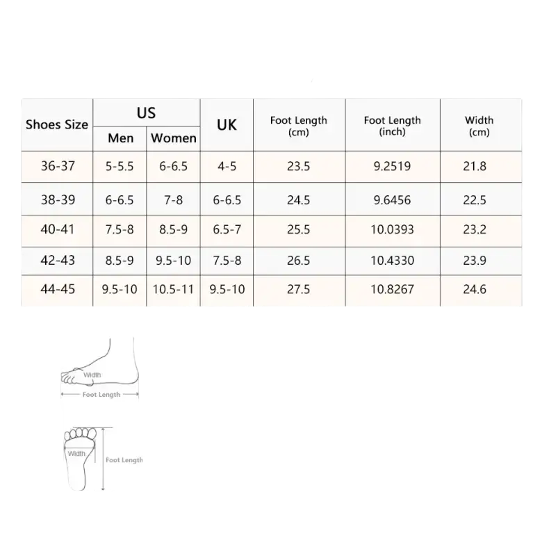 Shoe size chart with conversion information.