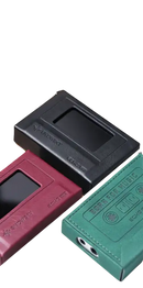 Retro-styled leather-like cases for a music player.