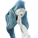 Blue and white plush hooded blanket featuring a trendy cartoon shark sleeping design