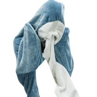 Blue and white plush hooded blanket featuring a trendy cartoon shark sleeping design