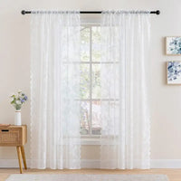White Lace Curtains 84 Inches Long for Living Room Bedroom Scalloped Sheer Curtains Rose Floral Embroidered Farmhouse