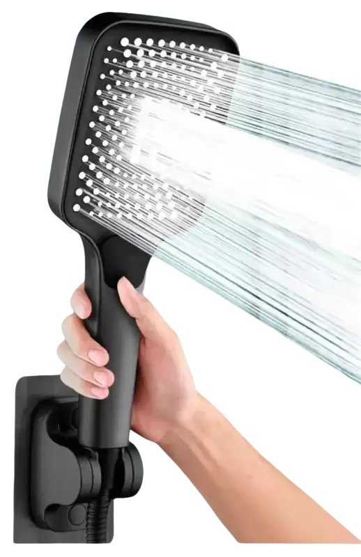 Black handheld shower head with running water.