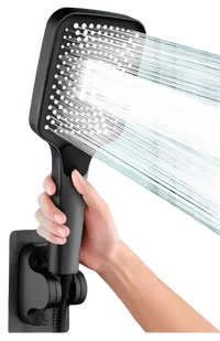 Black handheld shower head with water flowing.