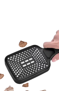 Black shower head with walnut-smashing claim.