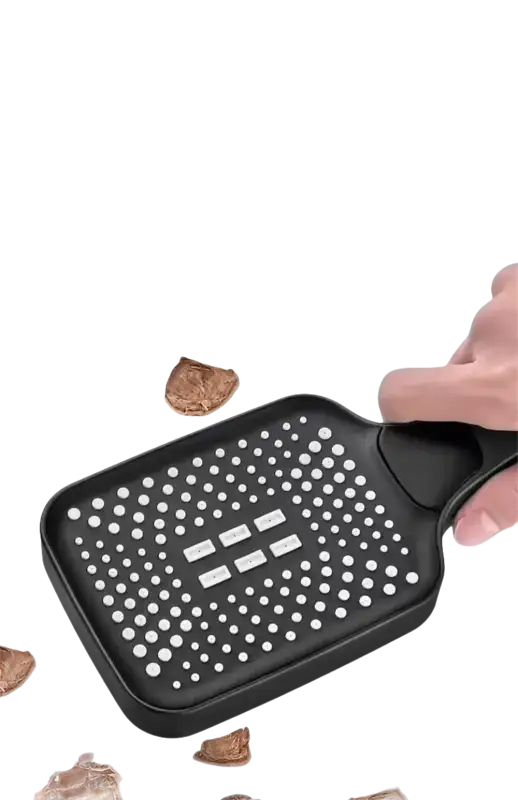 Black shower head with walnut-smashing claim.