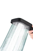 Black shower head with multiple water streams.