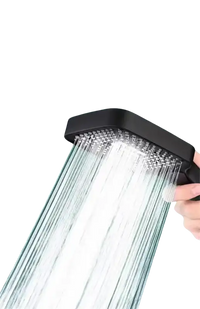 Black shower head with multiple water streams.