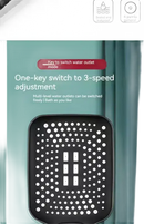 Black shower head with multiple water outlets.