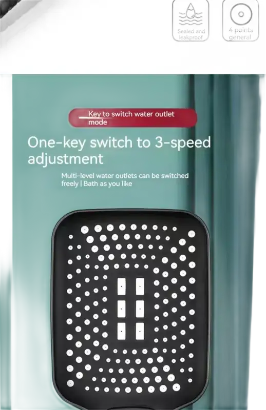 Black shower head with multiple water outlets.