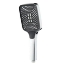Chrome and black handheld shower head.