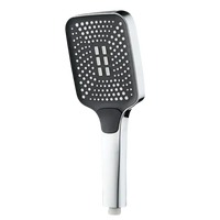 Chrome and black handheld shower head.