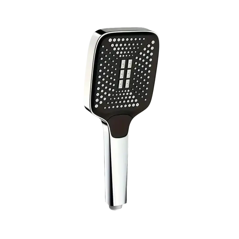 Chrome and black square shower head.
