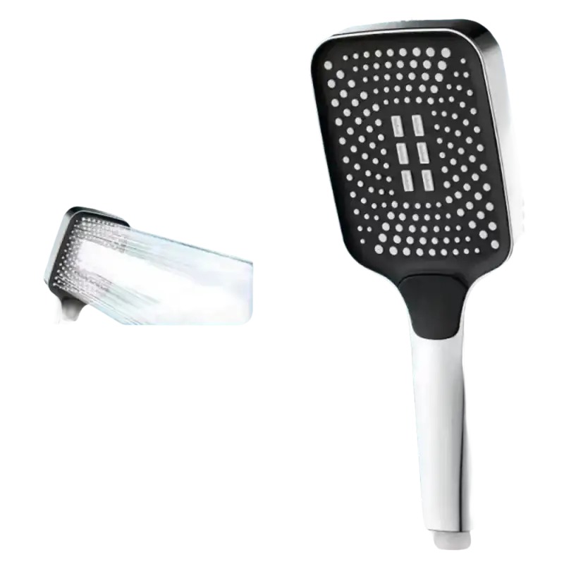 Silver three-speed shower head.