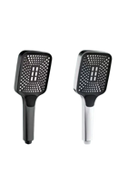 Two shower heads, dark and silver.