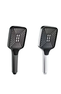 Two shower heads, dark and silver.