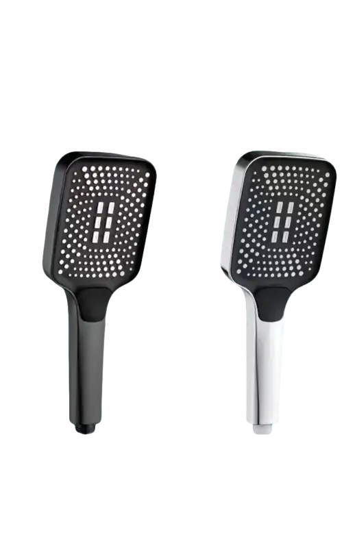 Two shower heads, dark and silver.