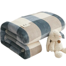 Folded blue and beige checkered blanket.