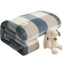 Folded blue and beige checkered blanket.