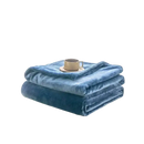 Stacked blue plush blankets.