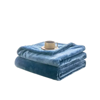 Stacked blue plush blankets.