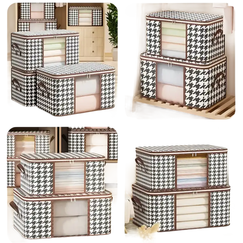 Houndstooth patterned storage boxes.
